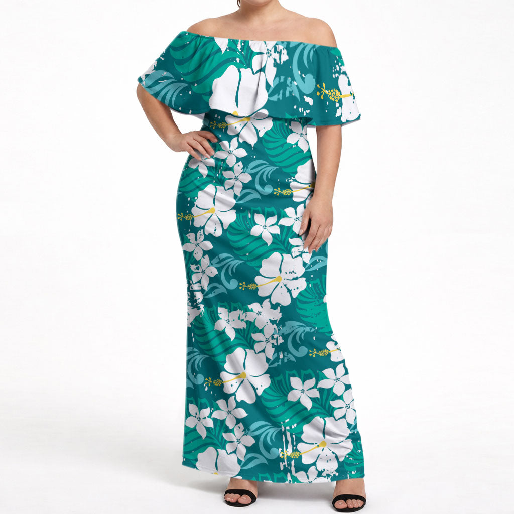 Teal Hawaiian Hibiscus Monstera Off Shoulder Maxi Dress Grunge Stylized LT01 Women Teal - Polynesian Pride