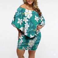 Teal Hawaiian Hibiscus Monstera Off Shoulder Short Dress Grunge Stylized LT01 Women Teal - Polynesian Pride