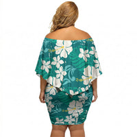 Teal Hawaiian Hibiscus Monstera Off Shoulder Short Dress Grunge Stylized LT01 - Polynesian Pride