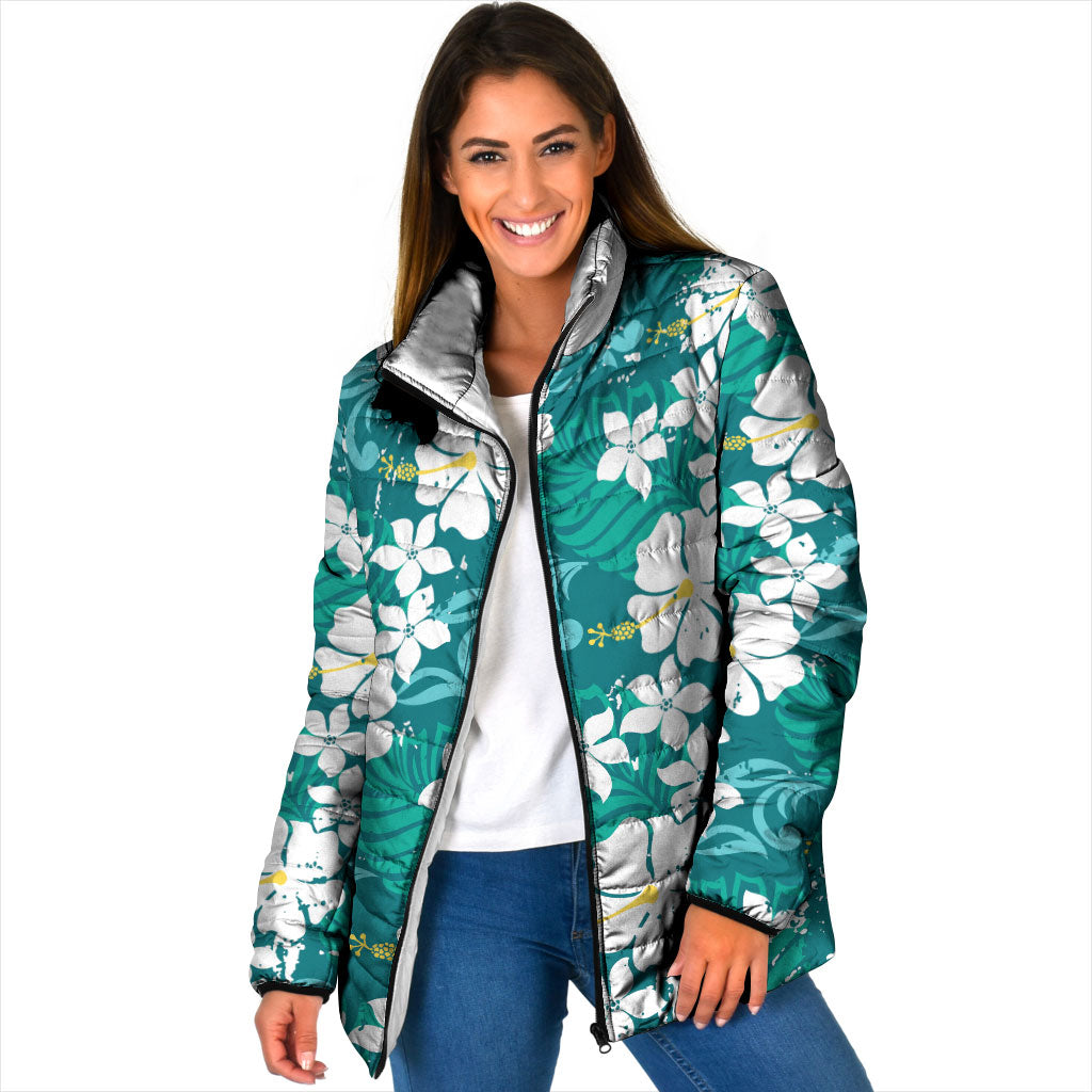 Teal Hawaiian Hibiscus Monstera Padded Jacket Grunge Stylized LT01 Women Teal - Polynesian Pride