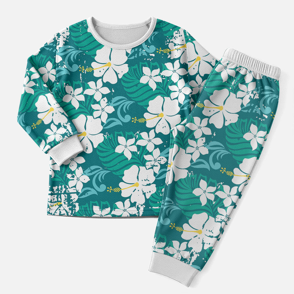 Teal Hawaiian Hibiscus Monstera Christmas Pajama Set Grunge Stylized
