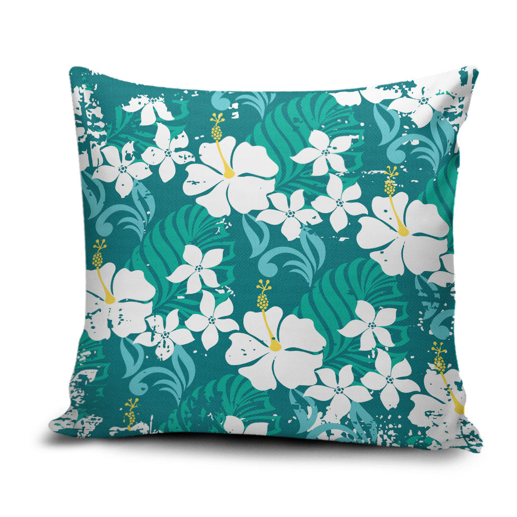 Teal Hawaiian Hibiscus Monstera Pillow Cover Grunge Stylized