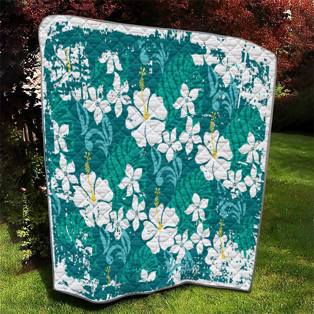 Teal Hawaiian Hibiscus Monstera Quilt Grunge Stylized LT01 - Polynesian Pride