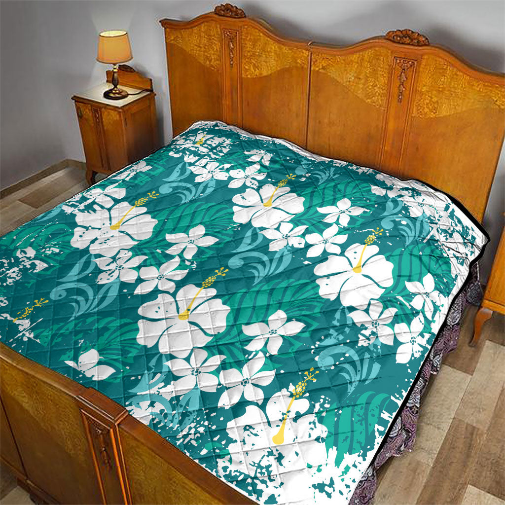 Teal Hawaiian Hibiscus Monstera Quilt Grunge Stylized LT01 - Polynesian Pride