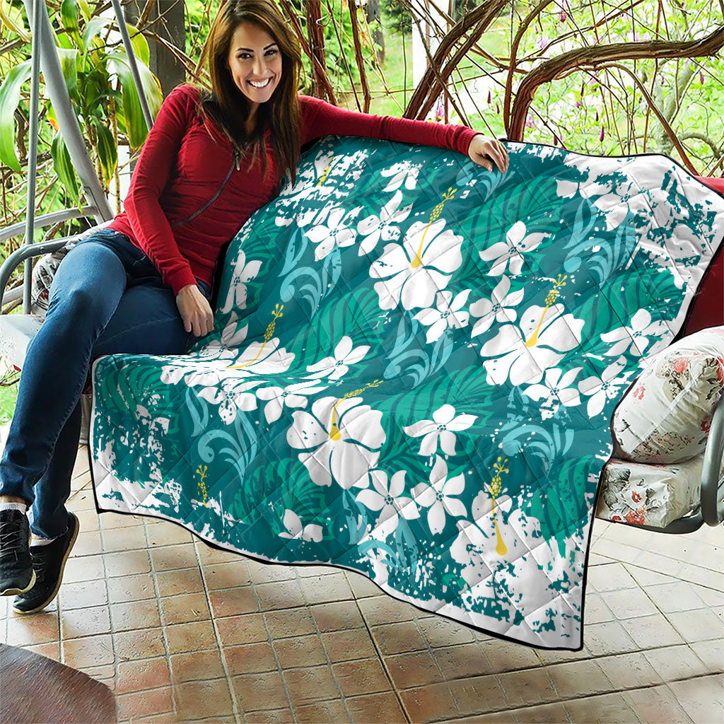 Teal Hawaiian Hibiscus Monstera Quilt Grunge Stylized LT01 - Polynesian Pride