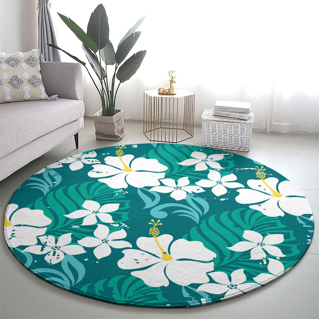 Teal Hawaiian Hibiscus Monstera Round Carpet Grunge Stylized LT01 - Polynesian Pride
