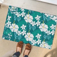 Teal Hawaiian Hibiscus Monstera Rubber Doormat Grunge Stylized LT01 - Polynesian Pride