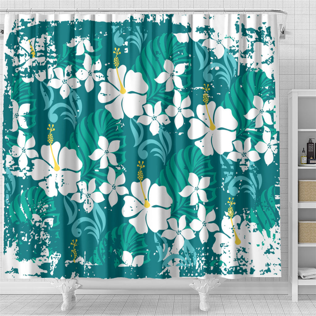 Teal Hawaiian Hibiscus Monstera Shower Curtain Grunge Stylized LT01 - Polynesian Pride