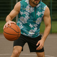 Teal Hawaiian Hibiscus Monstera Sleeveless Hoodie Grunge Stylized LT01 - Polynesian Pride