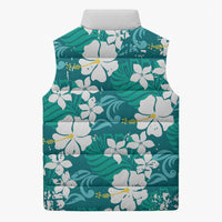 Teal Hawaiian Hibiscus Monstera Sleeveless Puffer Jacket Grunge Stylized LT01 - Polynesian Pride