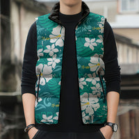 Teal Hawaiian Hibiscus Monstera Sleeveless Puffer Jacket Grunge Stylized LT01 - Polynesian Pride