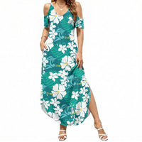 Teal Hawaiian Hibiscus Monstera Summer Maxi Dress Grunge Stylized LT01 Women Teal - Polynesian Pride