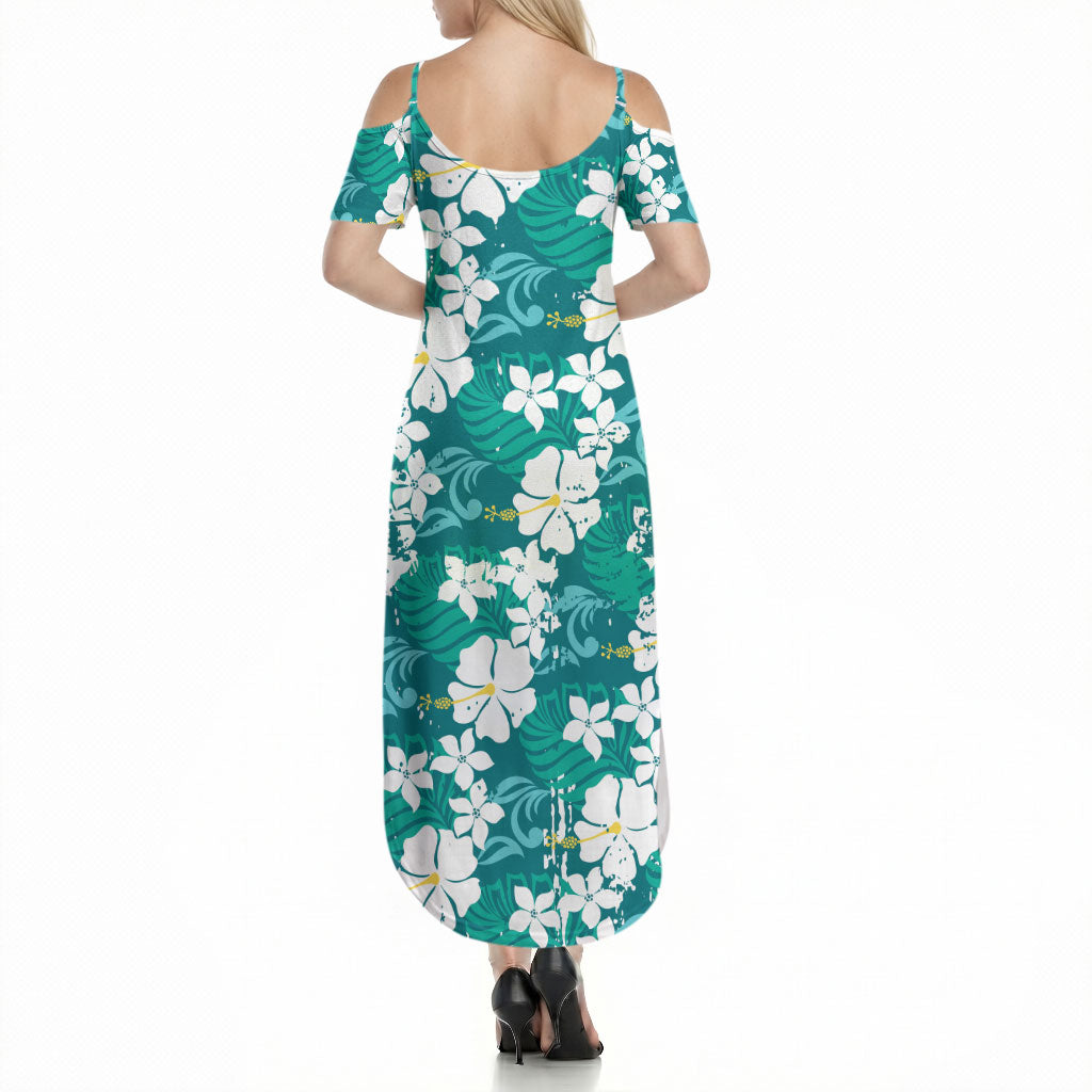 Teal Hawaiian Hibiscus Monstera Summer Maxi Dress Grunge Stylized LT01 - Polynesian Pride