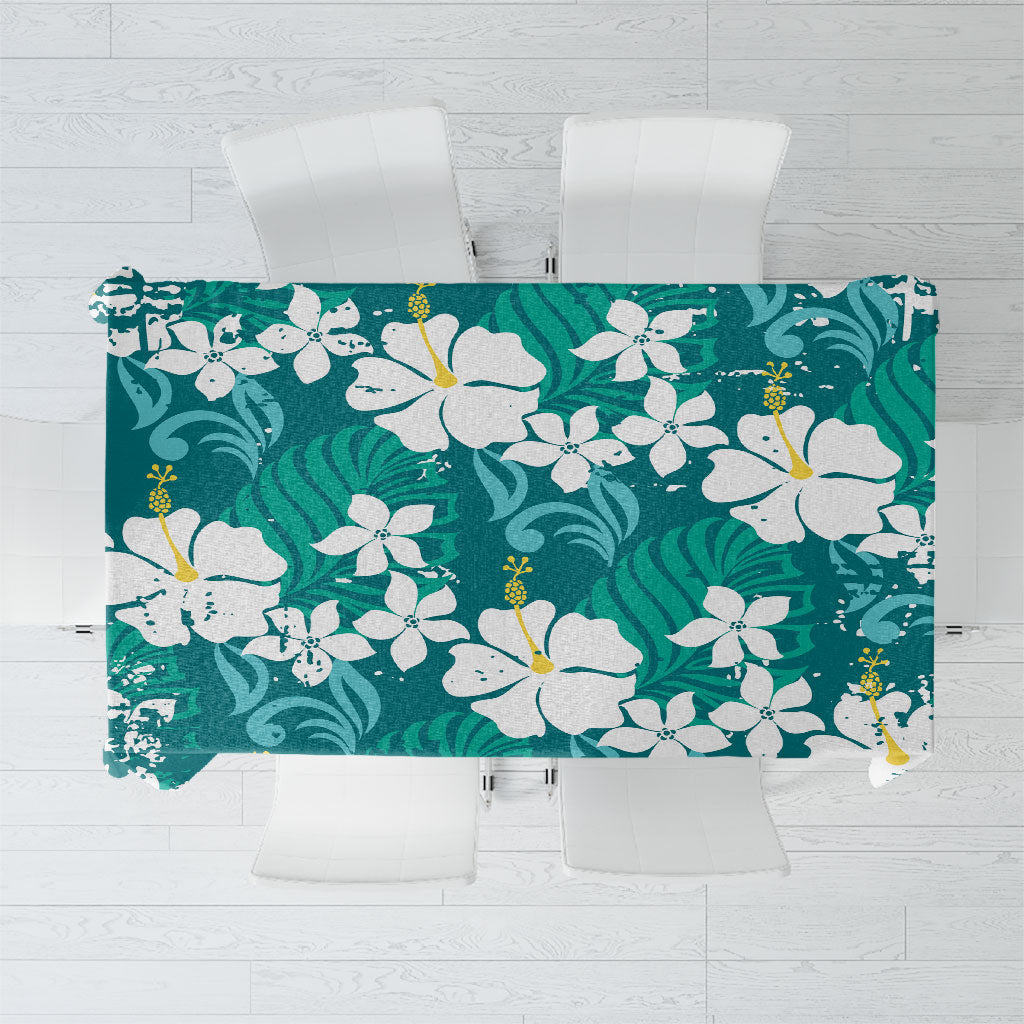 Teal Hawaiian Hibiscus Monstera Tablecloth Grunge Stylized LT01 Teal - Polynesian Pride