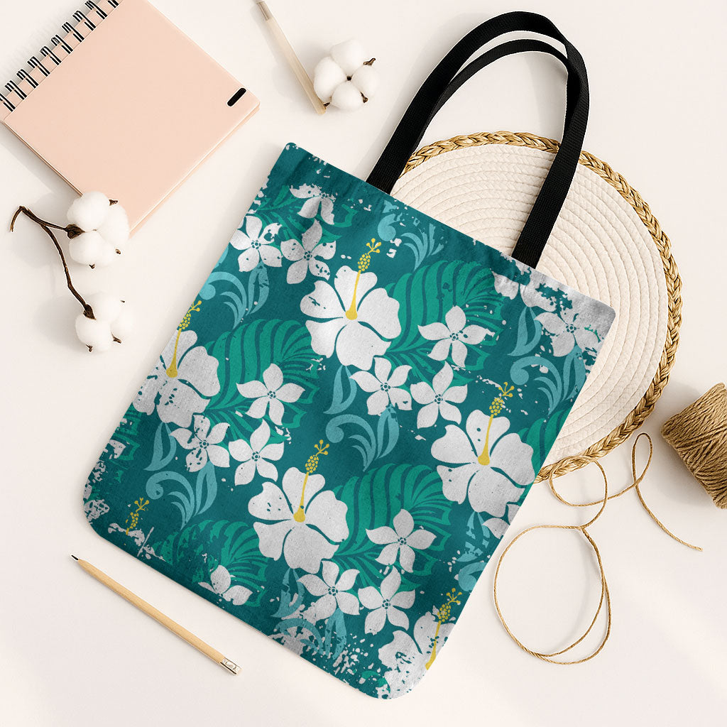 Teal Hawaiian Hibiscus Monstera Tote Bag Grunge Stylized LT01 Black Strap One Size Teal - Polynesian Pride