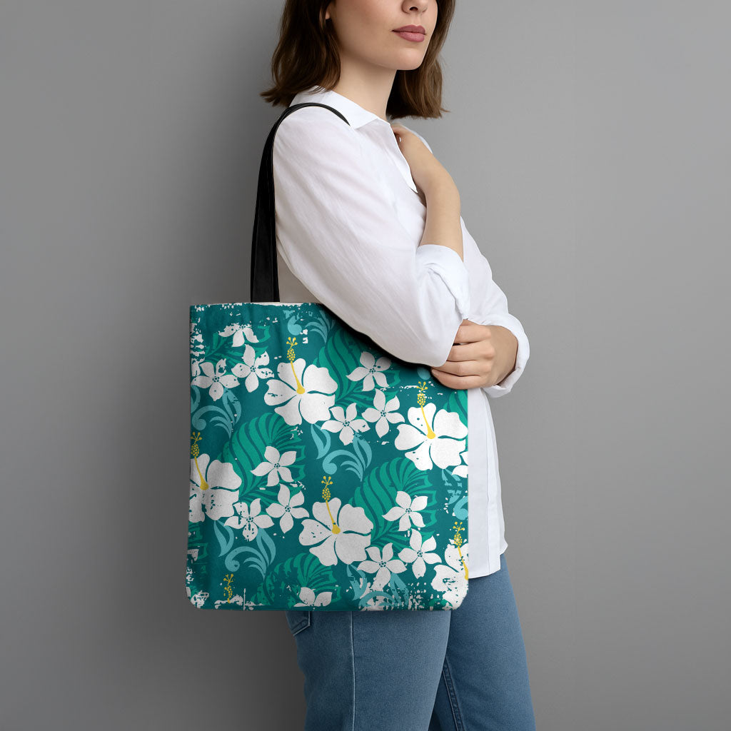 Teal Hawaiian Hibiscus Monstera Tote Bag Grunge Stylized LT01 - Polynesian Pride
