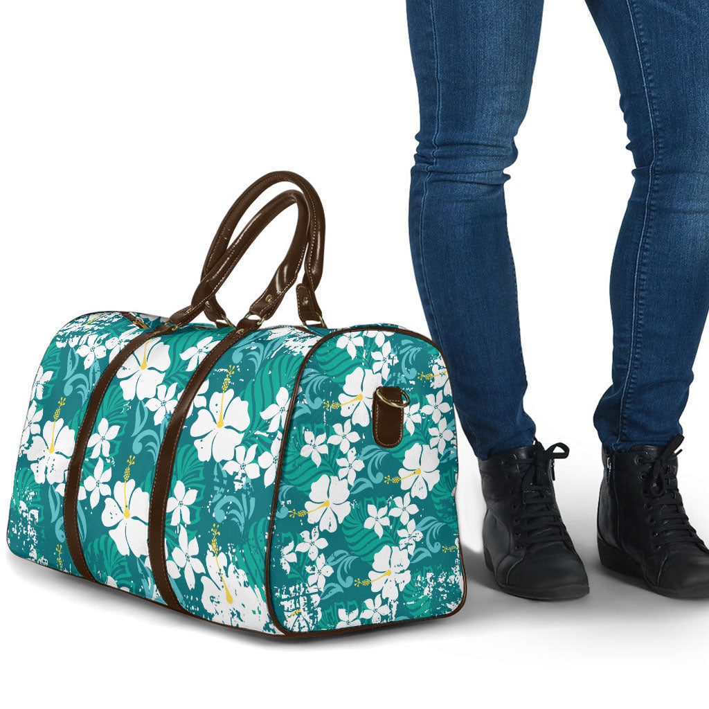 Teal Hawaiian Hibiscus Monstera Travel Bag Grunge Stylized LT01 - Polynesian Pride
