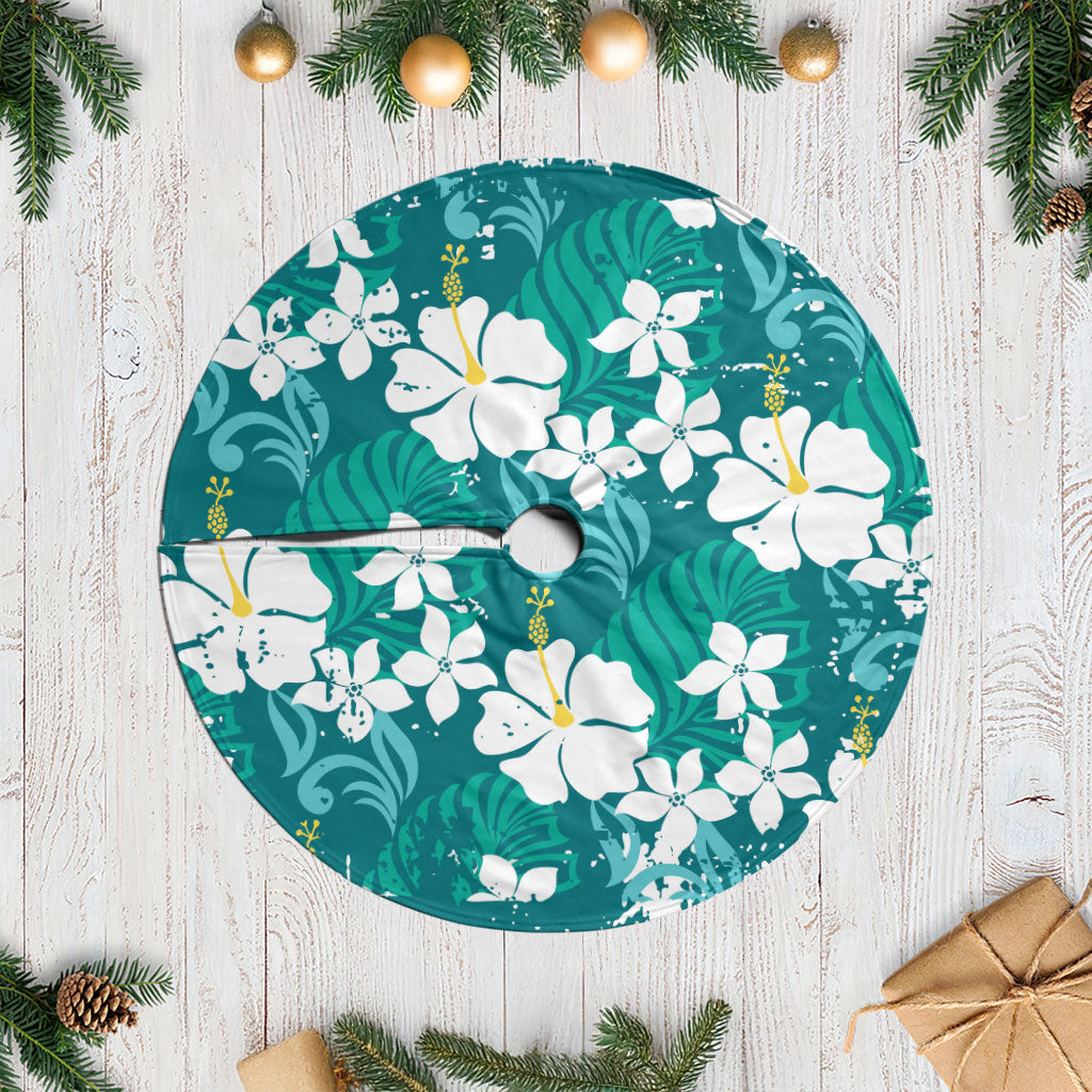 Teal Hawaiian Hibiscus Monstera Tree Skirt Grunge Stylized LT01 Casual Teal - Polynesian Pride