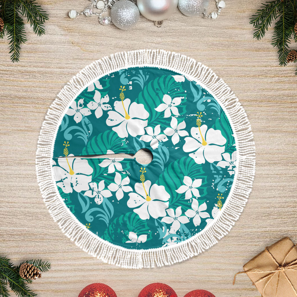 Teal Hawaiian Hibiscus Monstera Tree Skirt Grunge Stylized LT01 Fringed Teal - Polynesian Pride