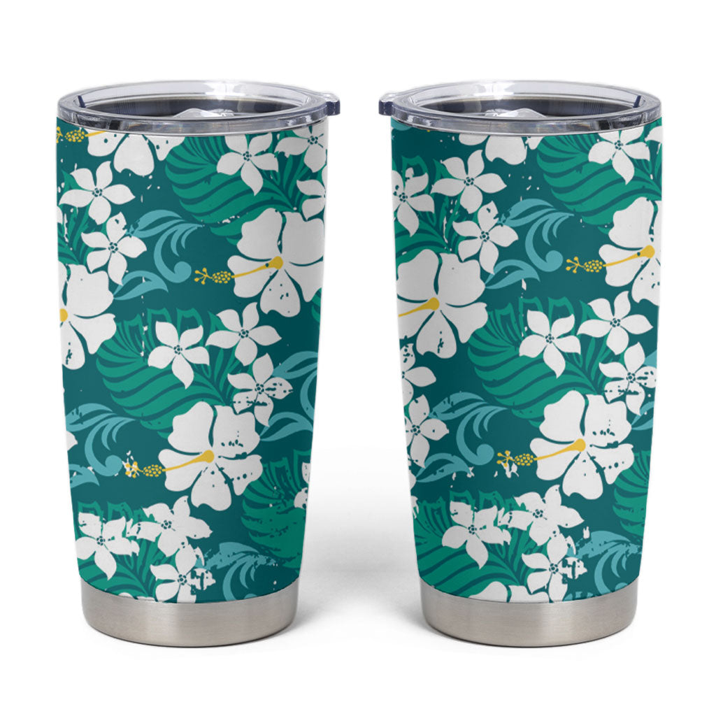 Teal Hawaiian Hibiscus Monstera Tumbler Cup Grunge Stylized