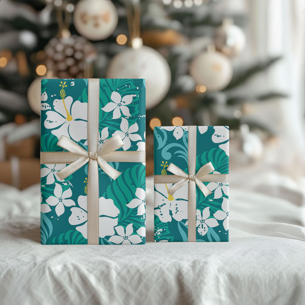 Teal Hawaiian Hibiscus Monstera Wrapping Paper Grunge Stylized LT01 - Polynesian Pride
