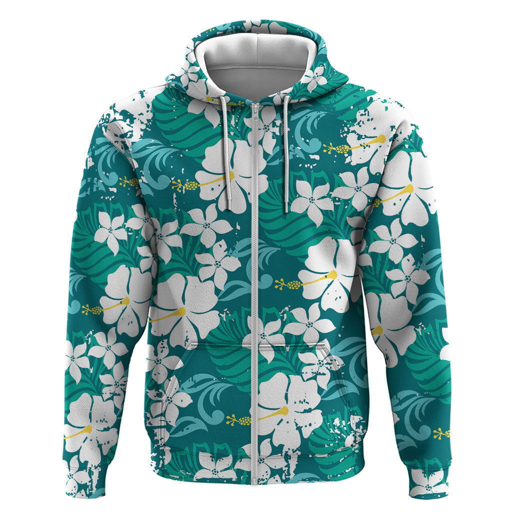 Teal Hawaiian Hibiscus Monstera Zip Hoodie Grunge Stylized LT01 Zip Hoodie Teal - Polynesian Pride