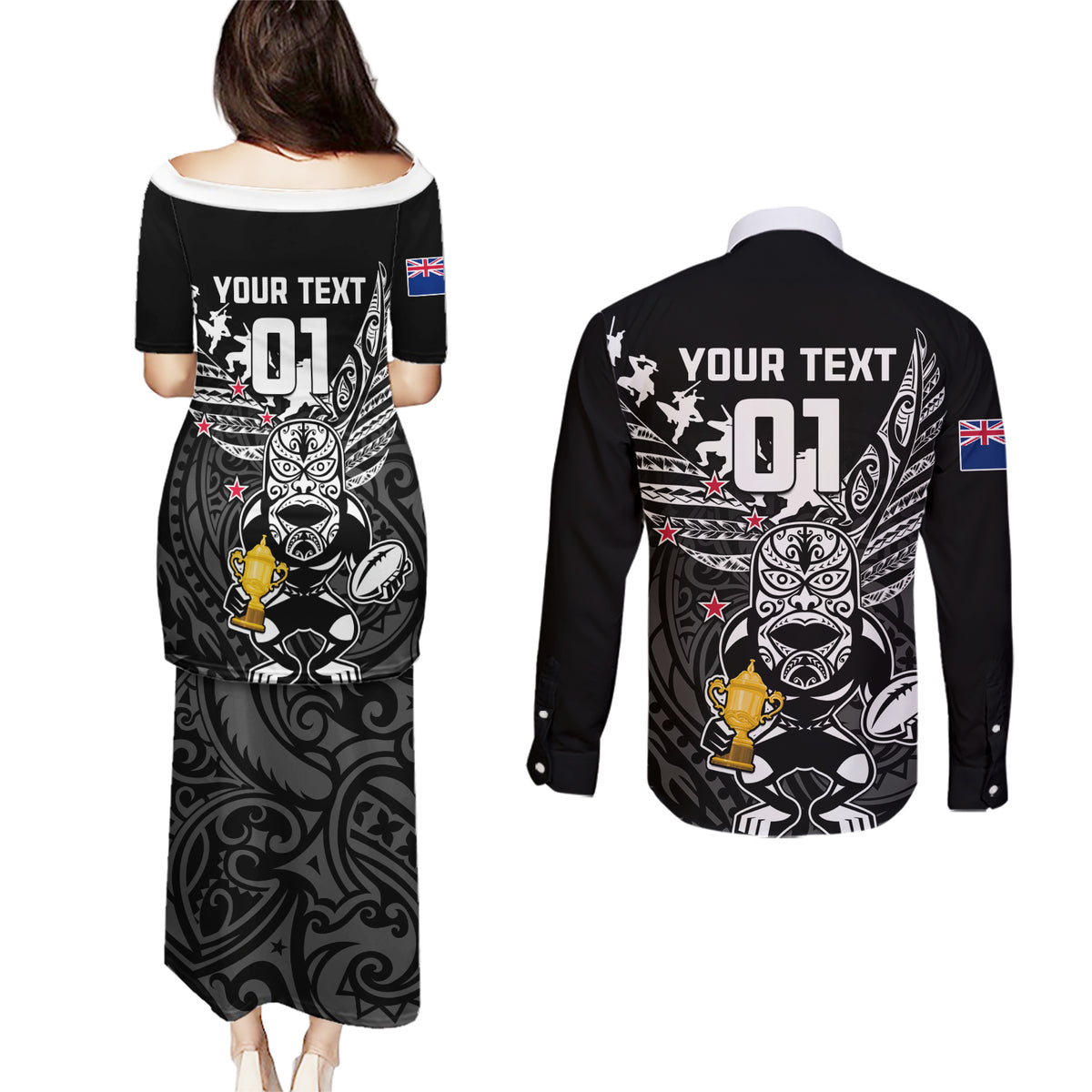 Custom New Zealand Silver Fern Rugby Couples Matching Puletasi Dress and Long Sleeve Button Shirt Aotearoa Champion 2023 World Cup LT01 - Polynesian Pride