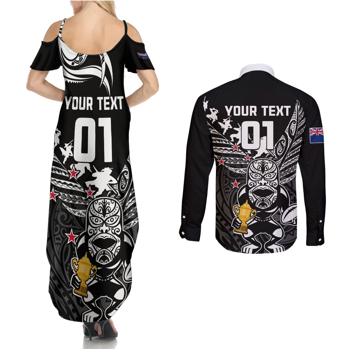 Custom New Zealand Silver Fern Rugby Couples Matching Summer Maxi Dress and Long Sleeve Button Shirt Aotearoa Champion 2023 World Cup LT01 - Polynesian Pride