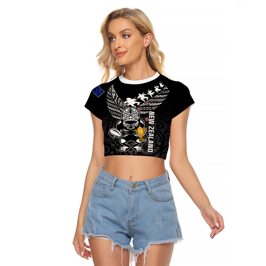 Custom New Zealand Silver Fern Rugby Raglan Cropped T Shirt Aotearoa Champion 2023 World Cup LT01 Female Black - Polynesian Pride