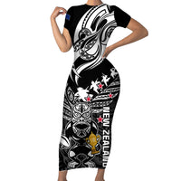 Custom New Zealand Silver Fern Rugby Short Sleeve Bodycon Dress Aotearoa Champion 2023 World Cup LT01 Long Dress Black - Polynesian Pride