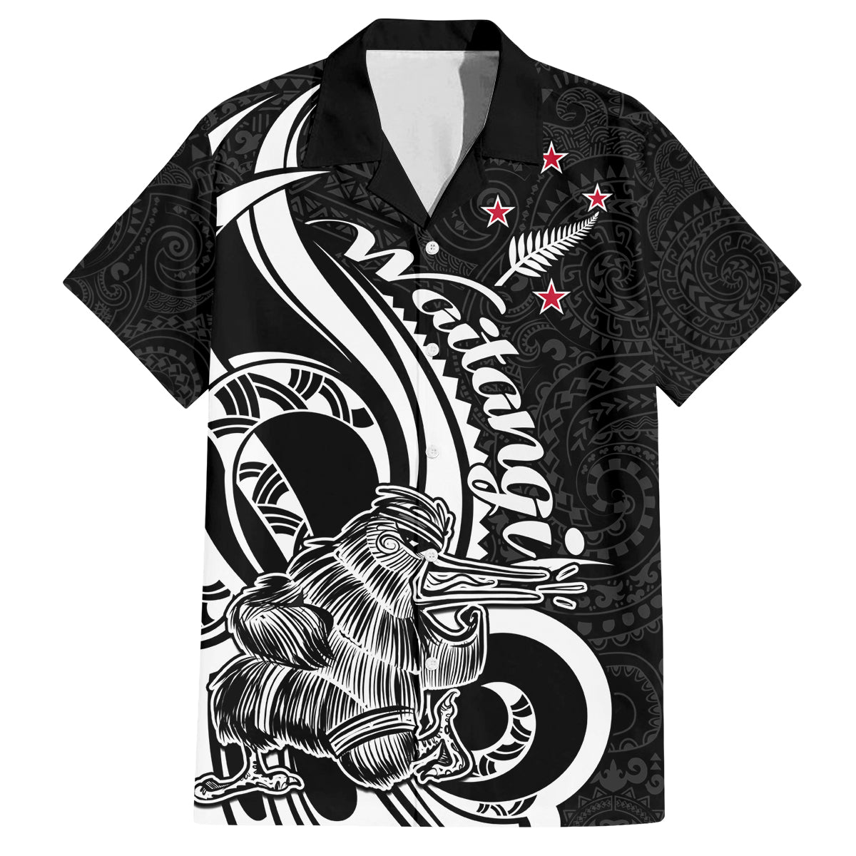 New Zealand Waitangi Day Family Matching Off Shoulder Short Dress and Hawaiian Shirt Aotearoa Te Tiriti O Waitangi Kiwi Black Version LT01 Dad's Shirt - Short Sleeve Black - Polynesian Pride