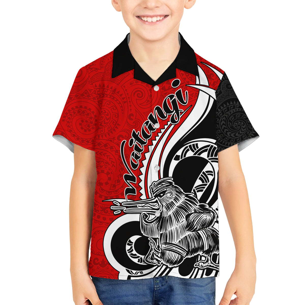 New Zealand Waitangi Day Family Matching Tank Maxi Dress and Hawaiian Shirt Aotearoa Te Tiriti O Waitangi Kiwi Red Version LT01 Son's Shirt Red - Polynesian Pride