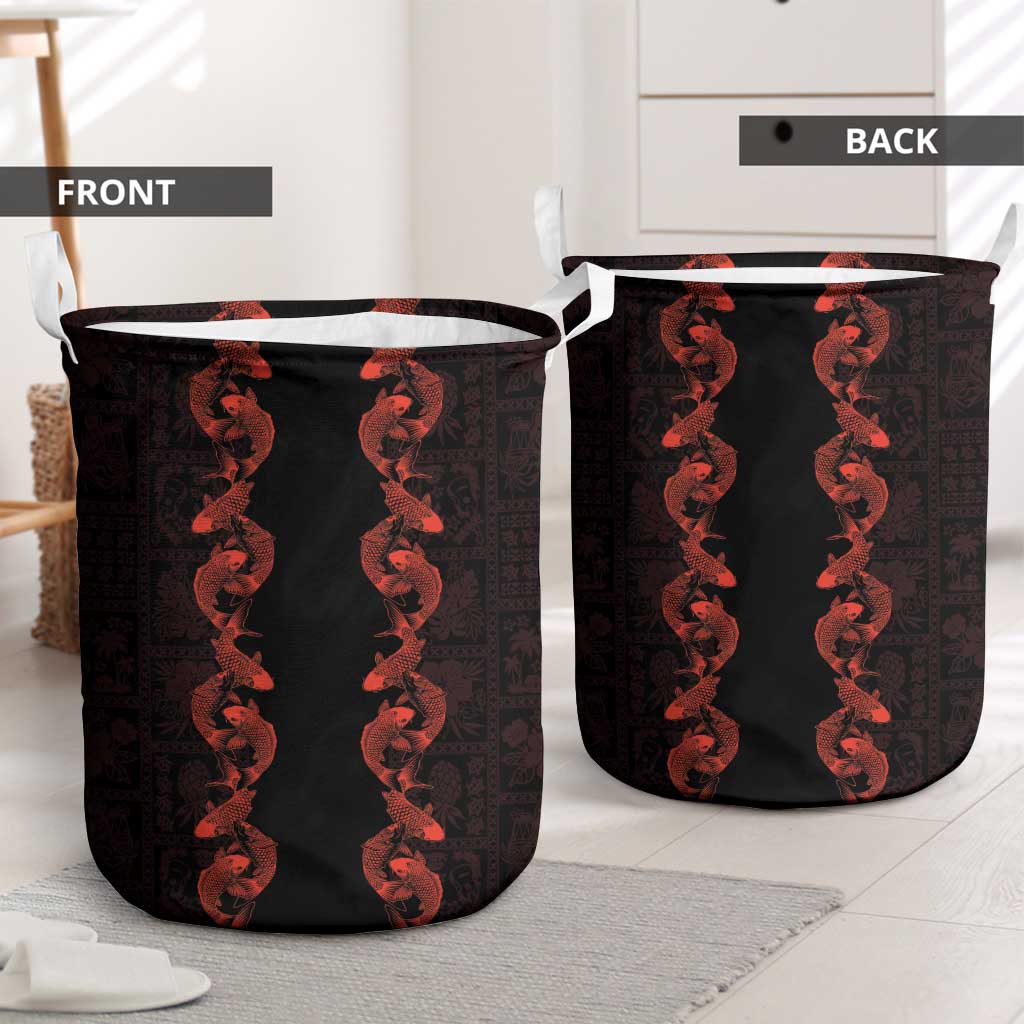 Hawaii Japan Koi Fish Red Laundry Basket Tapa Pattern - Polynesian Pride