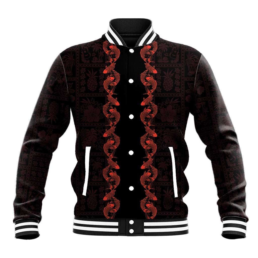 Hawaii Japan Koi Fish Red Baseball Jacket Tapa Pattern - Polynesian Pride