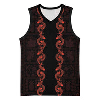 Hawaii Japan Koi Fish Red Basketball Jersey Tapa Pattern - Polynesian Pride