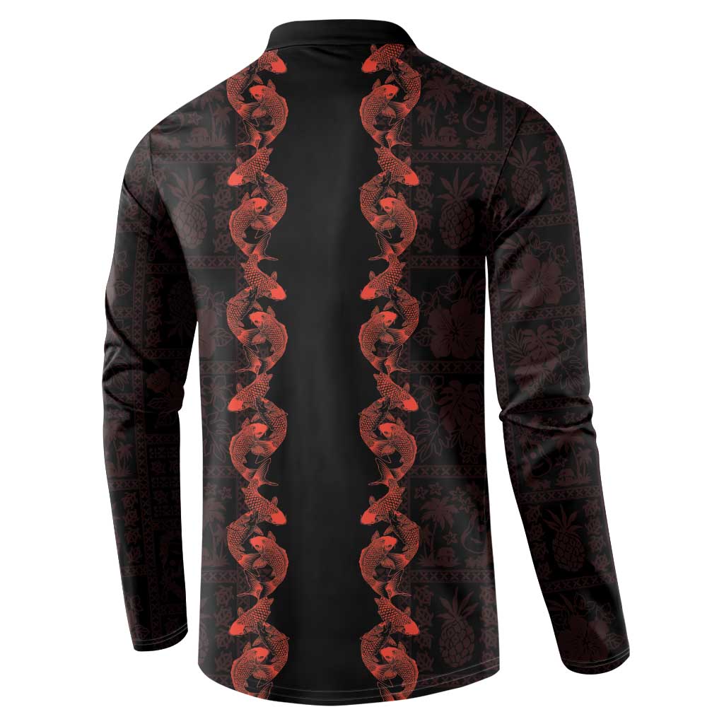 Hawaii Japan Koi Fish Red Button Sweatshirt Tapa Pattern - Polynesian Pride