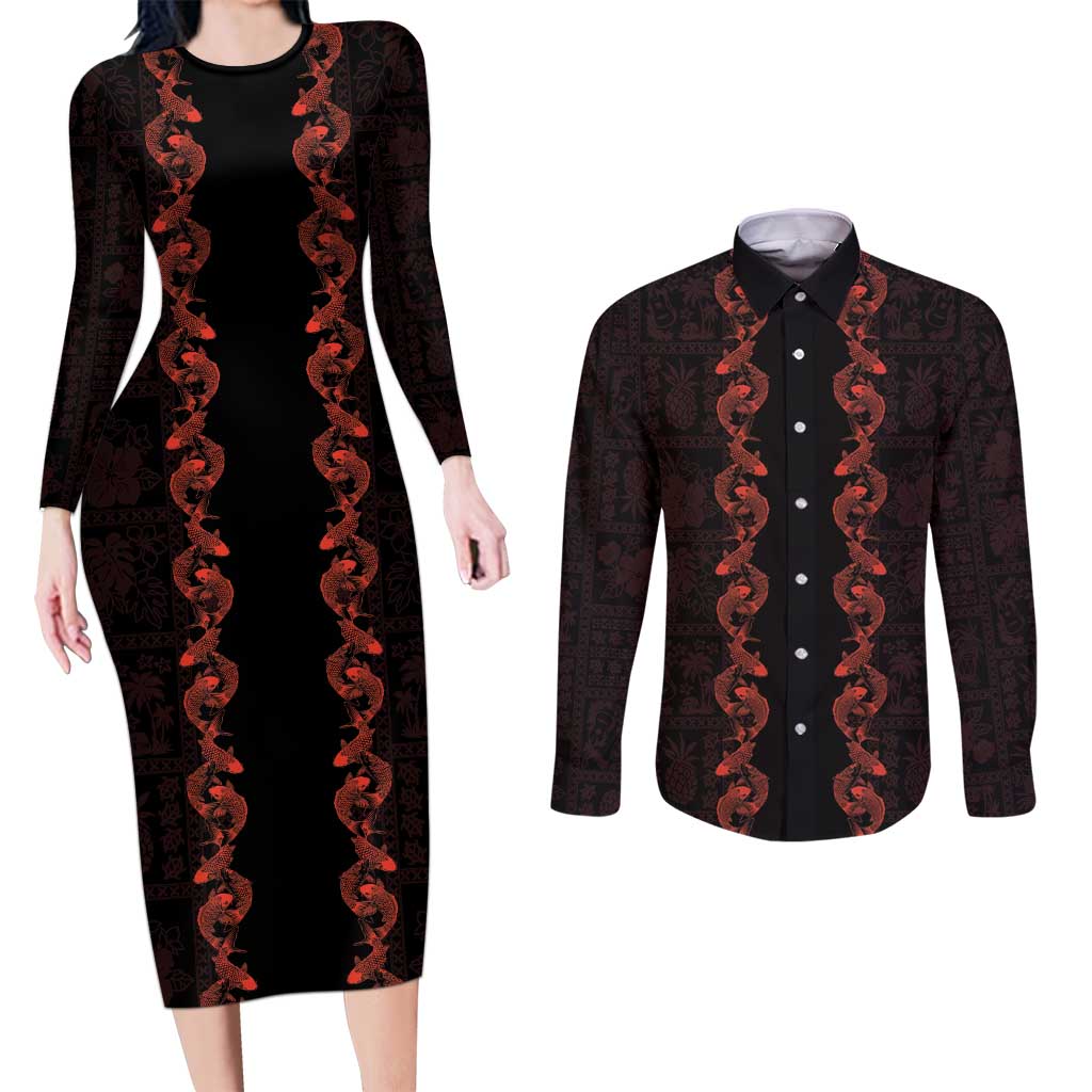 Hawaii Japan Koi Fish Red Couples Matching Long Sleeve Bodycon Dress and Long Sleeve Button Shirt Tapa Pattern - Polynesian Pride
