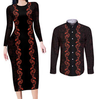 Hawaii Japan Koi Fish Red Couples Matching Long Sleeve Bodycon Dress and Long Sleeve Button Shirt Tapa Pattern - Polynesian Pride