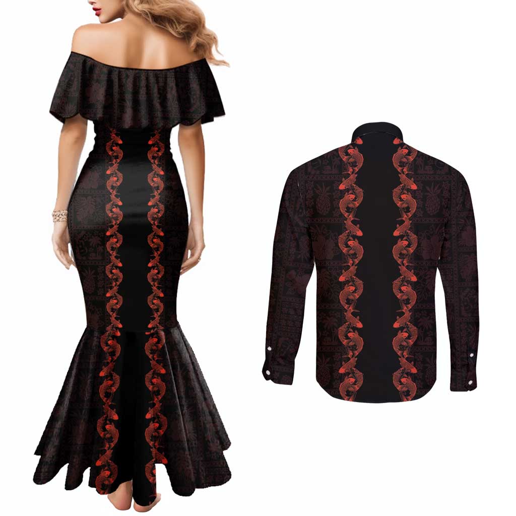 Hawaii Japan Koi Fish Red Couples Matching Mermaid Dress and Long Sleeve Button Shirt Tapa Pattern - Polynesian Pride