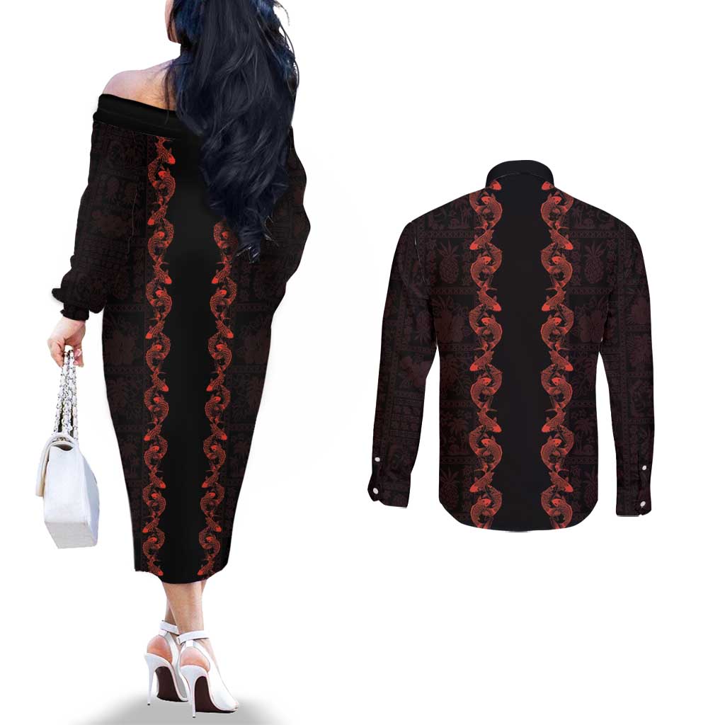 Hawaii Japan Koi Fish Red Couples Matching Off The Shoulder Long Sleeve Dress and Long Sleeve Button Shirt Tapa Pattern - Polynesian Pride