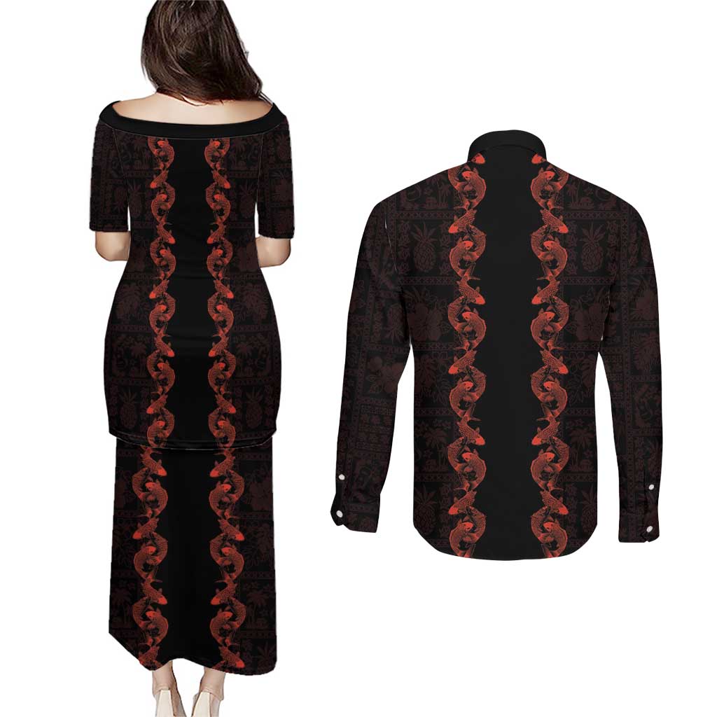 Hawaii Japan Koi Fish Red Couples Matching Puletasi and Long Sleeve Button Shirt Tapa Pattern - Polynesian Pride