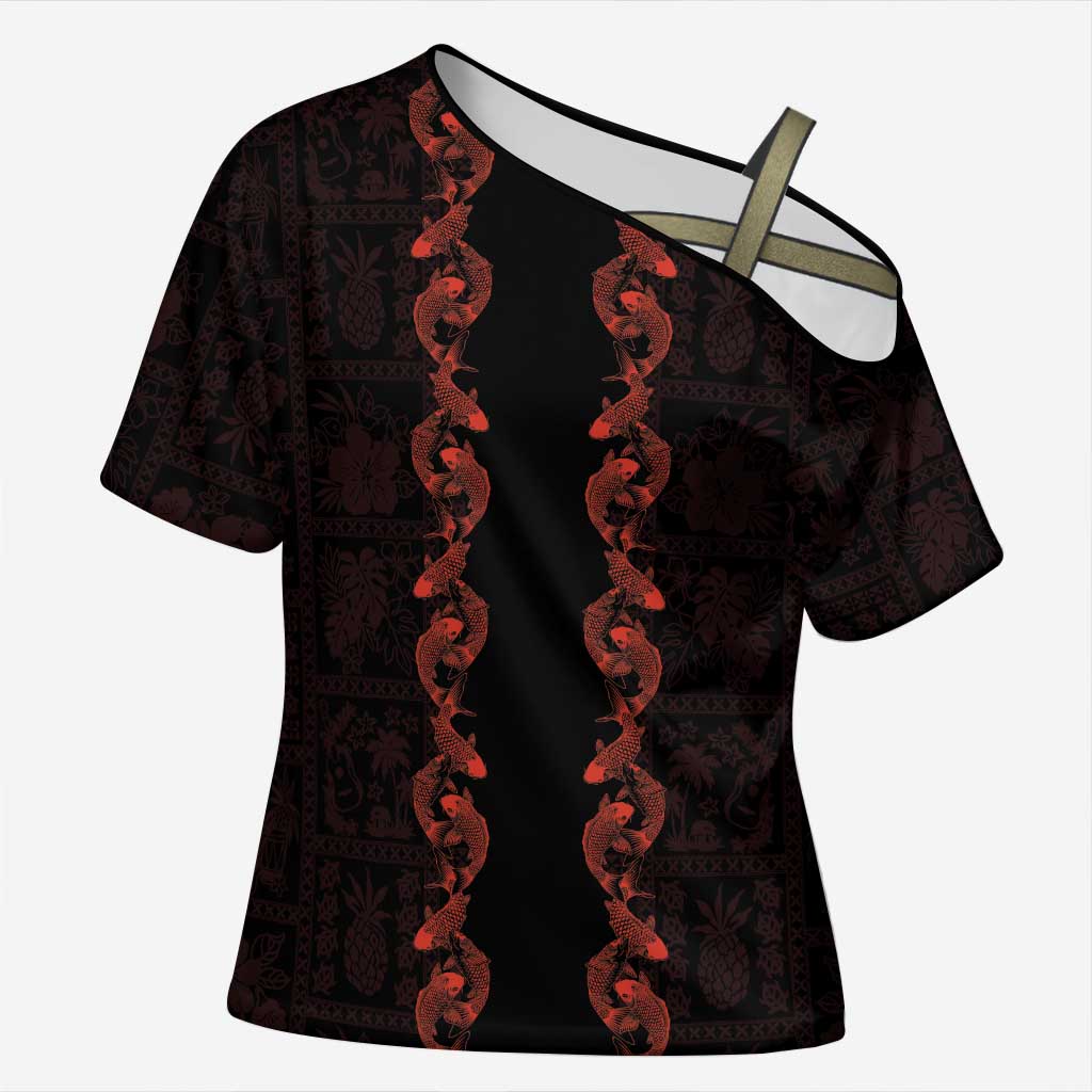 Hawaii Japan Koi Fish Red Cross Shoulder Shirt Tapa Pattern - Polynesian Pride