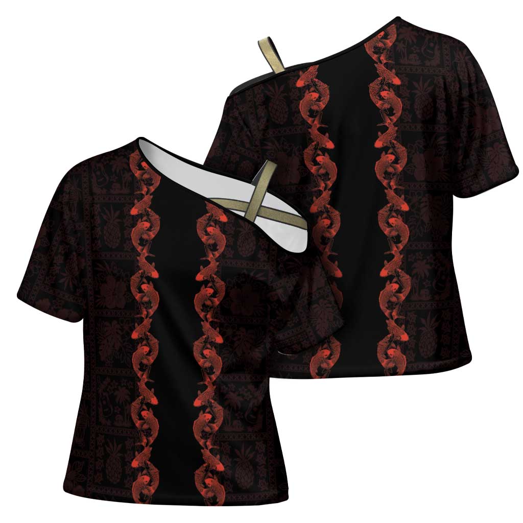Hawaii Japan Koi Fish Red Cross Shoulder Shirt Tapa Pattern - Polynesian Pride