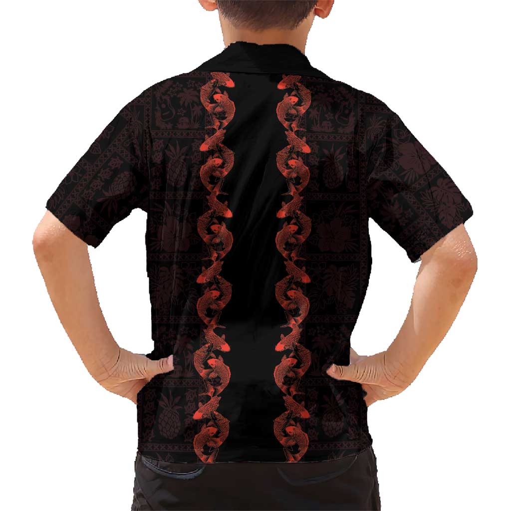 Hawaii Japan Koi Fish Red Family Matching Long Sleeve Bodycon Dress and Hawaiian Shirt Tapa Pattern - Polynesian Pride