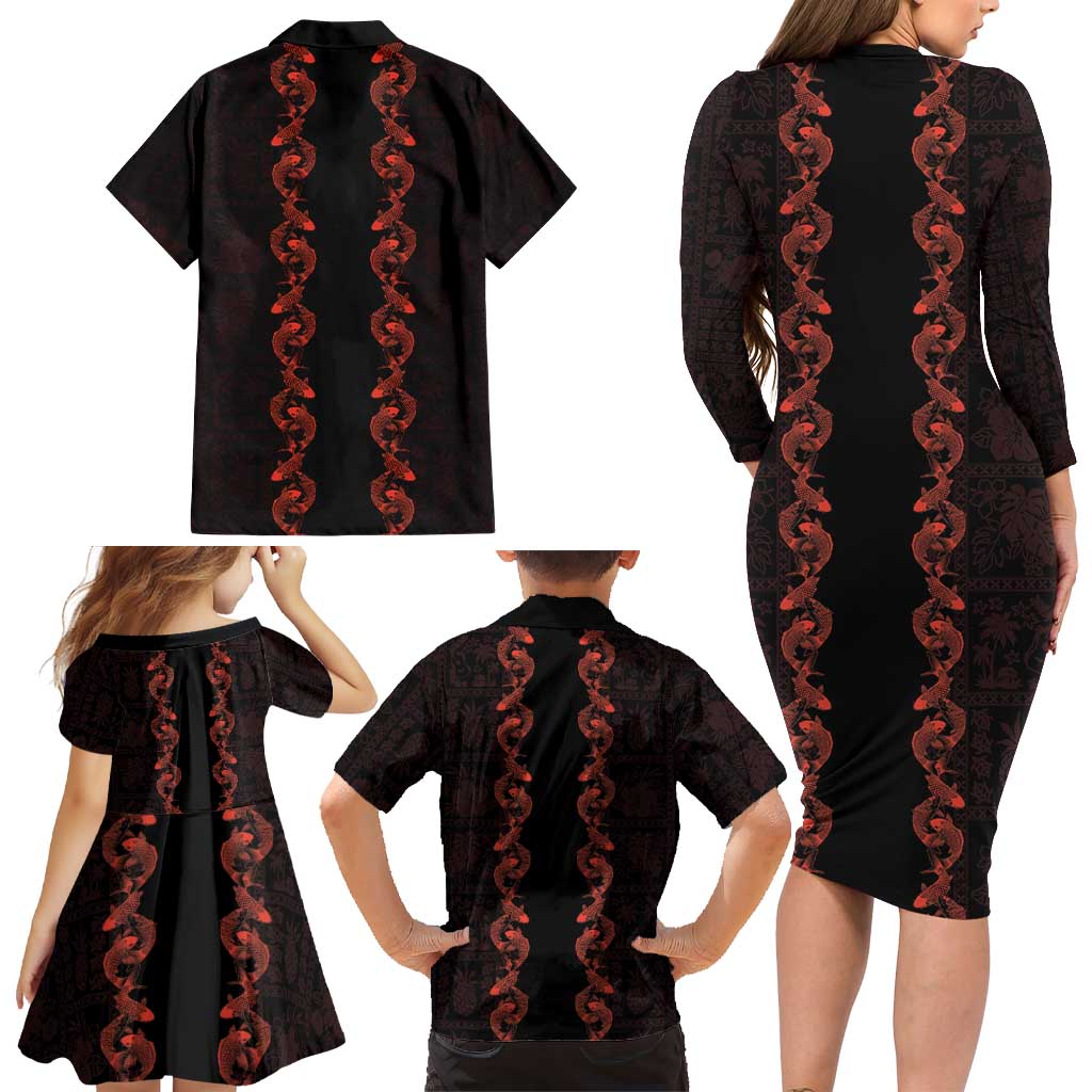 Hawaii Japan Koi Fish Red Family Matching Long Sleeve Bodycon Dress and Hawaiian Shirt Tapa Pattern - Polynesian Pride