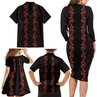Hawaii Japan Koi Fish Red Family Matching Long Sleeve Bodycon Dress and Hawaiian Shirt Tapa Pattern - Polynesian Pride