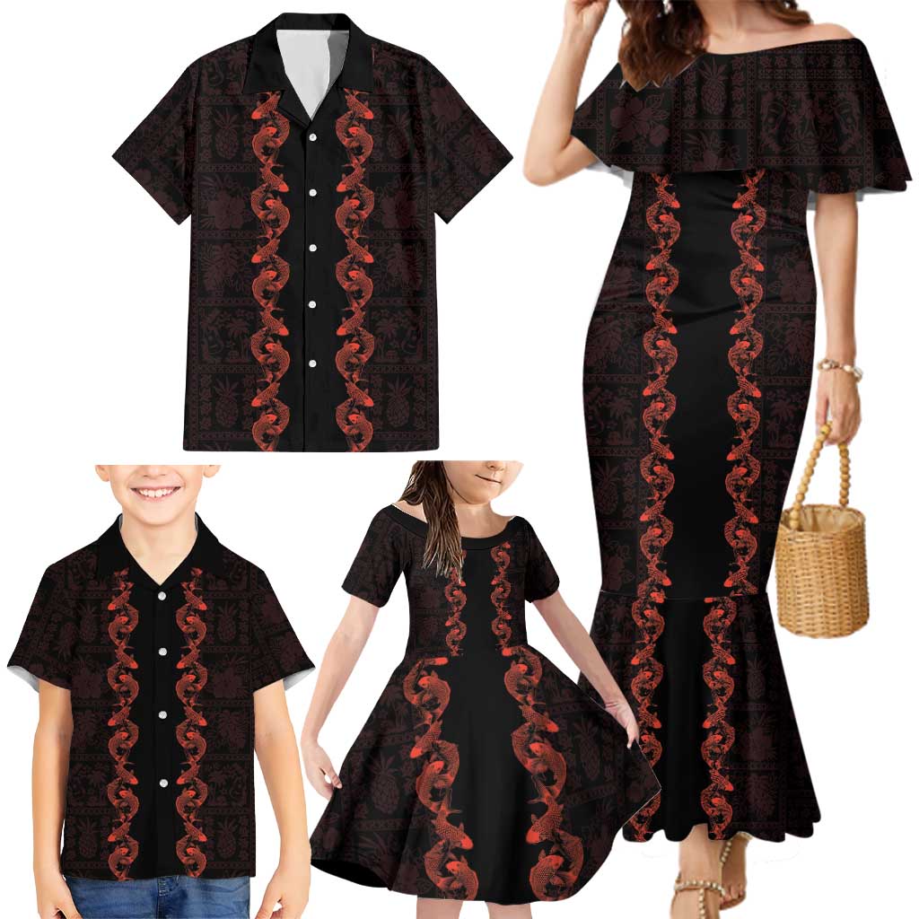 Hawaii Japan Koi Fish Red Family Matching Mermaid Dress and Hawaiian Shirt Tapa Pattern - Polynesian Pride