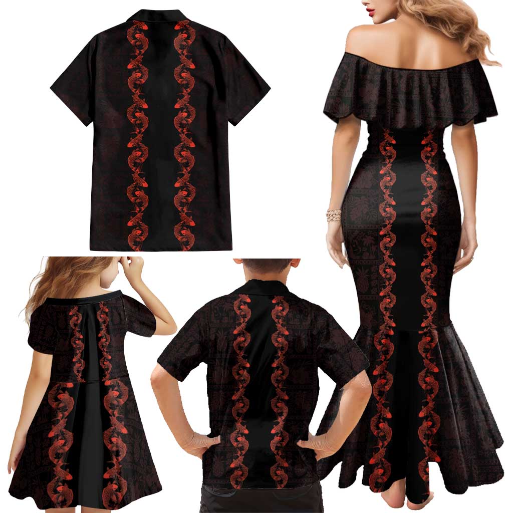 Hawaii Japan Koi Fish Red Family Matching Mermaid Dress and Hawaiian Shirt Tapa Pattern - Polynesian Pride