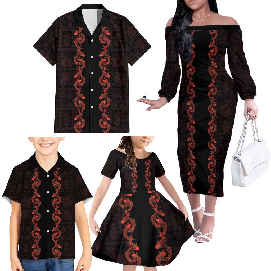 Hawaii Japan Koi Fish Red Family Matching Off The Shoulder Long Sleeve Dress and Hawaiian Shirt Tapa Pattern LT01 - Polynesian Pride