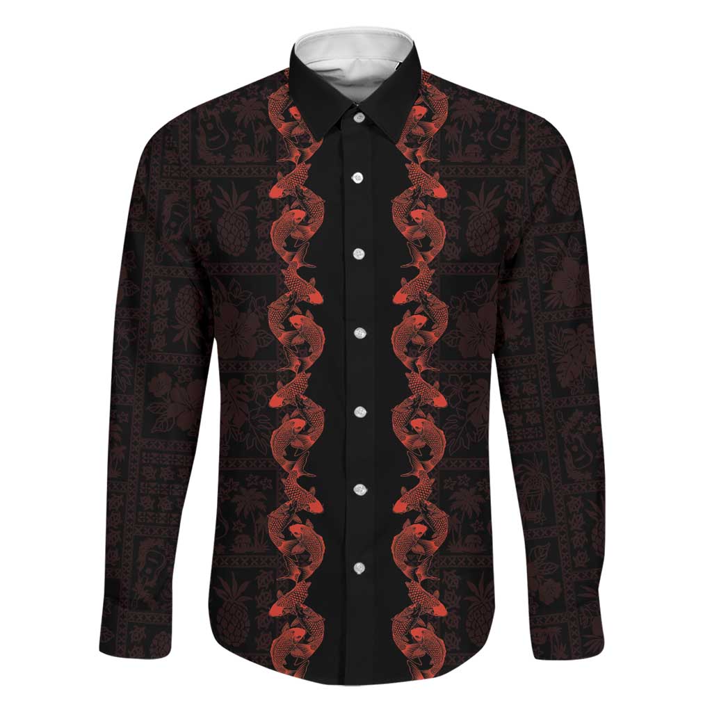 Hawaii Japan Koi Fish Red Family Matching Off The Shoulder Long Sleeve Dress and Hawaiian Shirt Tapa Pattern - Polynesian Pride